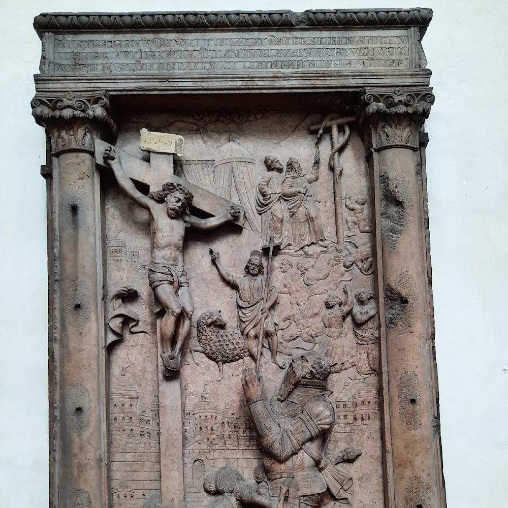 Stone relief carving of Jesus on the cross.  St. Peter's Cathedral, Cologne.